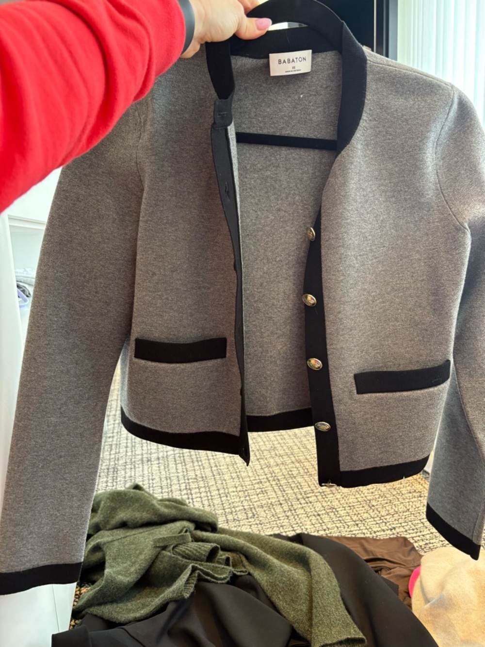 Babaton Gray Tweed Cropped Blazer with Black Trim